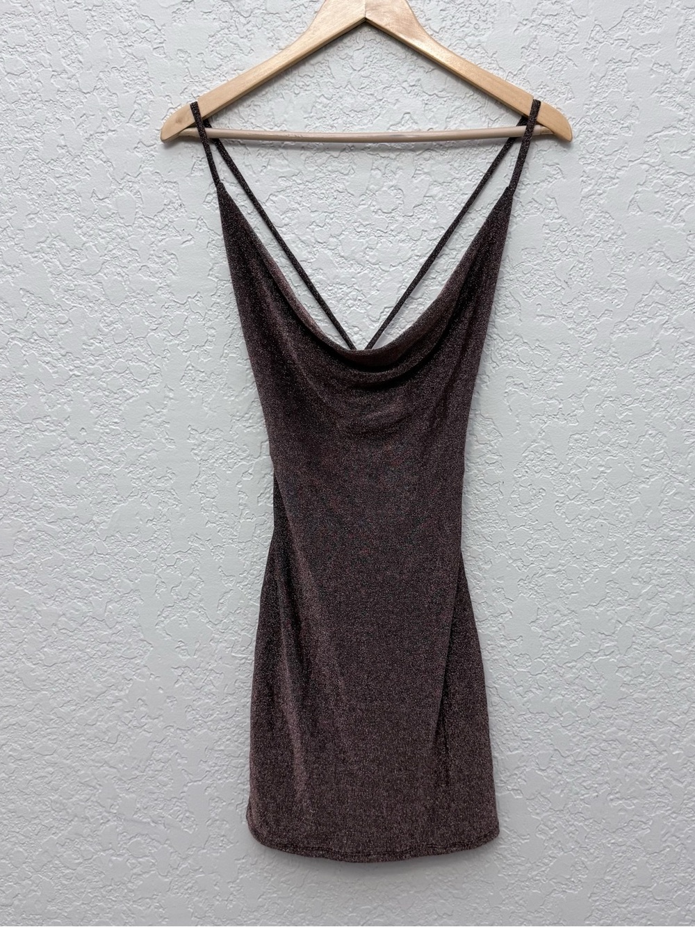 Fashion Nova Brown Shimmer Cowl Neck Slip Mini